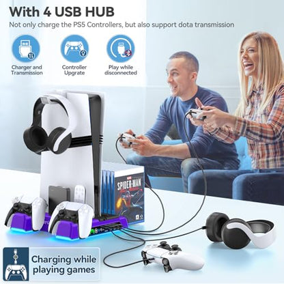 PS5/Slim/Pro Stand and Cooling Station with LED Controller Charging Station for PlayStation 5 Console, Controller Charger, Cooling Stand, PS5/Slim/Pro Skin Accessories Kit with 3 Level Cooler Fan - color: Purple