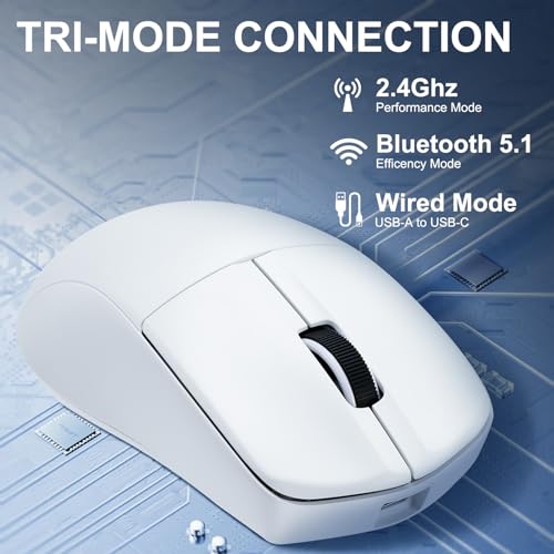 E-YOOSO Wireless Bluetooth Mouse, Rechargeable Mouse, 26000 DPI Gaming Mouse Wired, Superlight Ergonomic, Software Supported, Redefinable Macro Buttons Work Mouse for Laptop and PC/Mac - White - color: Tri-Mode White Mouse