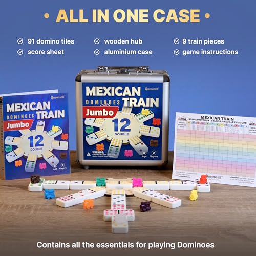 Queensell Mexican Train Dominoes Set with Jumbo Tiles – Double 12 Dominoes Set for Adults, 91 Tiles with Colorful Dots, Wooden Hub, Train & Aluminum Case - style: D12 Jumbo