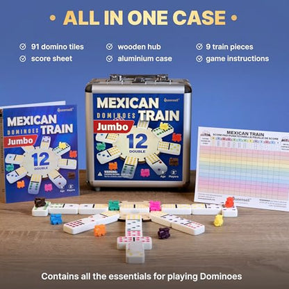 Queensell Mexican Train Dominoes Set with Jumbo Tiles – Double 12 Dominoes Set for Adults, 91 Tiles with Colorful Dots, Wooden Hub, Train & Aluminum Case - style: D12 Jumbo