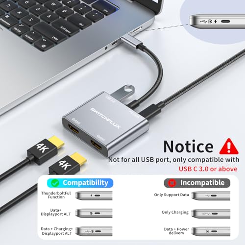 USB C to Dual HDMI Adapter |4K60Hz HDMI Splitter Extended Display for Dual Monitors,100W PD,USB 3.0 Port Converter Compatible with Laptop,Tablet,Graphics Card - size: 6.6inch