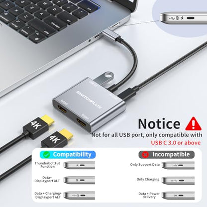 USB C to Dual HDMI Adapter |4K60Hz HDMI Splitter Extended Display for Dual Monitors,100W PD,USB 3.0 Port Converter Compatible with Laptop,Tablet,Graphics Card - size: 6.6inch