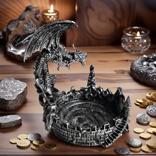 Antique-Style Composite Dragon Display Tray (Zinc Alloy & Resin) – Premium Edition & DND Dice Tray - color: Antique Silver