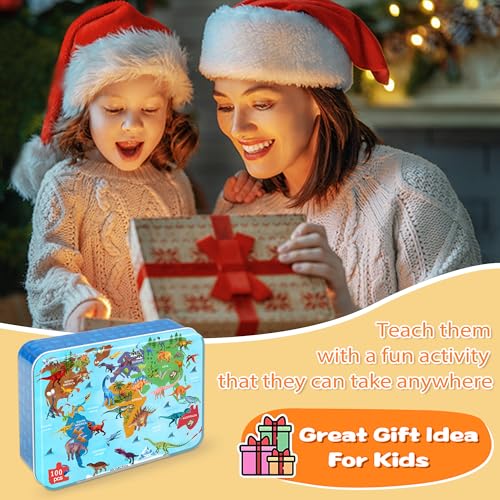 LELEMON Puzzles for Kids Ages 4-6,Dinosaur Map 100 Piece Puzzles for Kids Ages 6-8 in a Metal Box,Educational Jigsaw Puzzles,Childrens 100 Piece Puzzle Games Puzzle Toys for Girls and Boys - color: Dinosaur Map