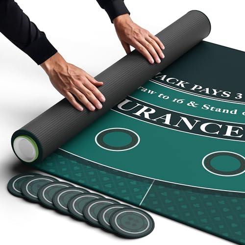Newverest Blackjack Mat 70" x 35", Blackjack Table Top for Home Game Nights with Friends | Black Jack Casino Table Topper, Poker Mat Layout in Zipper Storage Bag with 8 Coasters in Gift-Ready Box - color: Traditional Green