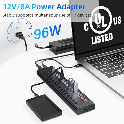 VANGREE Powered USB Hub 10Gbps, 17 Ports USB 3.2 Hub, 96W Power Adapter | 10 USB-A 3.2, 3 QC 24W Fast Charging, 2 USB-C 3.2, SD/TF, 12V/8A Power Adapter for Laptop, PC, Computer, HDD, Flash Drive - color: Black