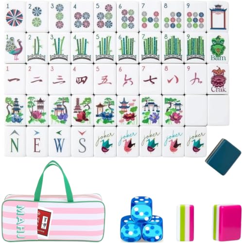 4 Layer Mahjong Tiles, 2026 Premium 160 Pcs Acrylic American Mahjong Tiles Set with Dice, Engraved Four Layer Mahjong Tile with Exquisite Carrying Bag, Home Trips Social Game (Lotus & Pavilion) - color: Lotus & Pavilion
