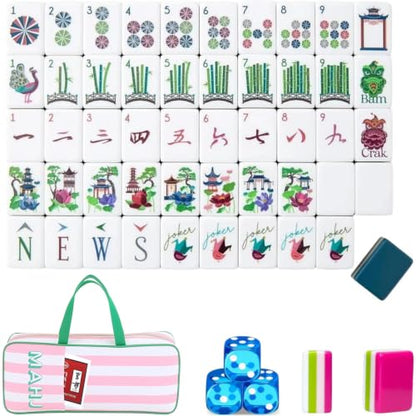 4 Layer Mahjong Tiles, 2026 Premium 160 Pcs Acrylic American Mahjong Tiles Set with Dice, Engraved Four Layer Mahjong Tile with Exquisite Carrying Bag, Home Trips Social Game (Lotus & Pavilion) - color: Lotus & Pavilion