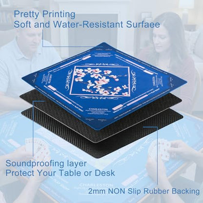 American Mahjong Mat for Table 32.6"x32.6" No Creases Rollup Shipped | with Velvet Bag Non Slip Mahjong Table Mat Noise Reduction Mahjong Mats with Print Rules for Playing (Navy Blue) - color: Navy Blue