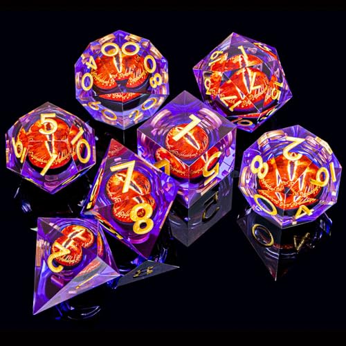 ARUOHHA DND Resin Dice Gazes Eye Dice Purple Gold Liquid Core Flaming RPG Sharp Edged Dice Set with Gift Box, Polyhedral D and D Dice Set Compatible with Dungeons Dragons Role Playing Game D20 D6 - color: Sl01-purple Gold