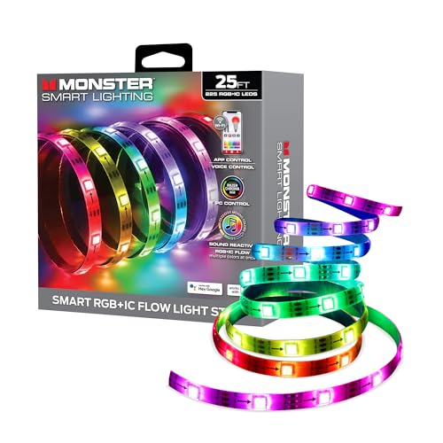 Monster Smart RGB+IC LED Strip Lights 25ft – Sound Reactive Strip Lights for Bedroom, App & Voice Control, RGB Light Strip for Room, Alexa Google Home, Razer Chroma Sync - 230 RGB+IC LED Lights - size: 25ft