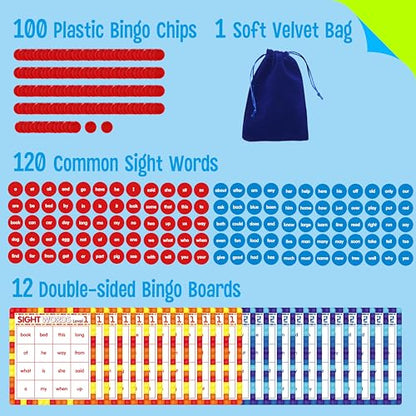 SpriteGru Sight Word Bingo Game, 120 Sight Words Learn to Read Level 1 & Level 2 Bingo Board Game Dolch's & Fry's Words Lists for Kindergarten and Preschool Kids 4-8, Perfect for Classroom & at Home - style: Sight Word Bingo Game Level 1-2
