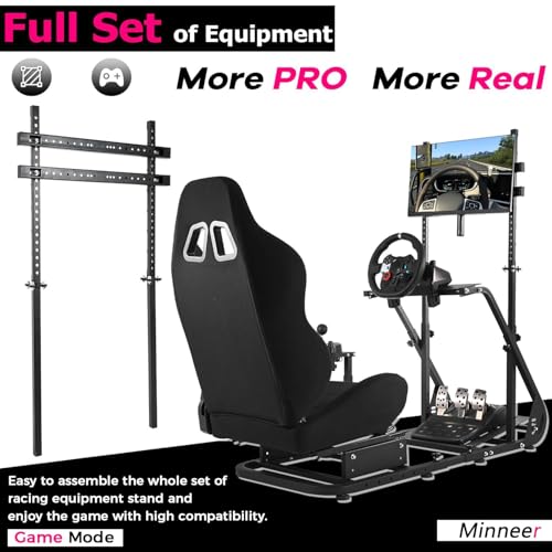 Minneer Racing Simulator Cockpit with Black Seat and Monitor Stand Fit for Logitech G29 G920, for Thrustmaster T248 T300, for Fanatec Reinforced Expandable. Wheel, Pedal, Handbrake Not Included