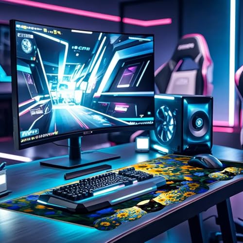 Large Gaming Mouse Pad Set with Wrist Support – 31.5" x 11.8" 4-in-1 XXL Mousepad with Keyboard Wrist Rest, Mouse Wrist Rest & Coaster – Ergonomic Desk Mat for Office, Home – Black Cat Flower - color: Black Cat Flower