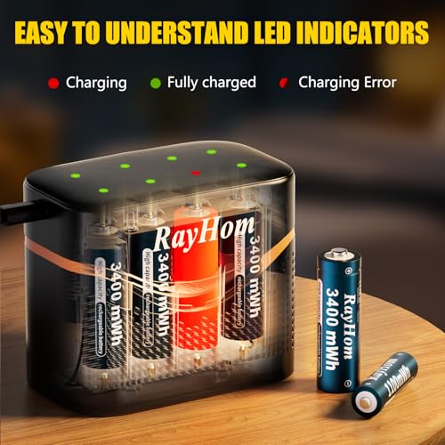 4 AA and 4 AAA Rechargeable Lithium Batteries with 8 Slot Li-ion Charger | 3400mWh Double A,1100mWh Triple A High Capacity,1.5V Constant Output, with Fast Battery Charger Storage Case - color: 4AA+4AAA+Charger