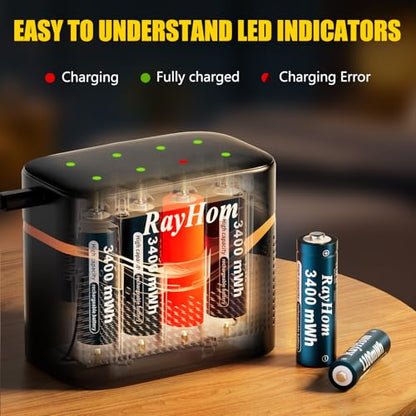 4 AA and 4 AAA Rechargeable Lithium Batteries with 8 Slot Li-ion Charger | 3400mWh Double A,1100mWh Triple A High Capacity,1.5V Constant Output, with Fast Battery Charger Storage Case - color: 4AA+4AAA+Charger