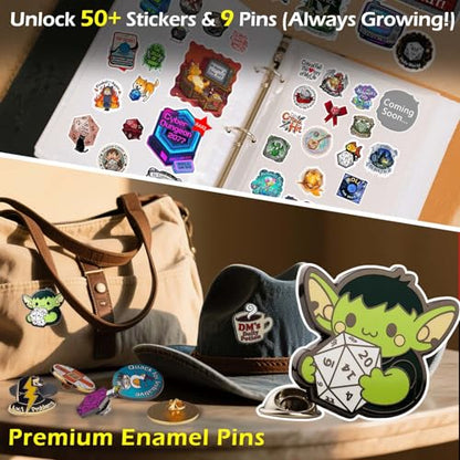 Haxtec Mystery Metal DND Dice Set 7pcs Polyhedral Dice + 3 Funny Waterproof Stickers + 1 Enamel Pin, Metal Dice for Dungeons & Dragons, Possible Hollow Dice, Great DND Gift, No Duplicates in 2/5 Packs - style: Metallic + Pin