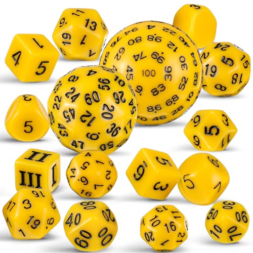 Civaner 15 Pcs Complete Polyhedral Dice Set D3-D100 Spherical RPG Dice Set in Opaque Black, 100 Sides for Role Playing Table Games Party Supplies(Yellow and Black) - color: Yellow and Black