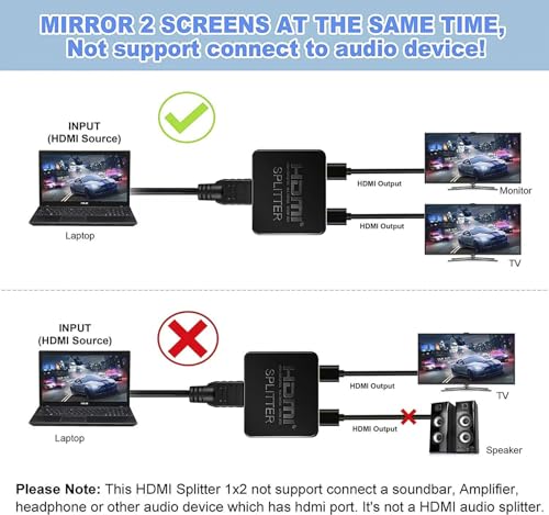 HDMI Splitter 1 in 2 Out【with 1HDMI Cable + 1USB Cable+1Power Adapter 】 1×2 Power HDMI Splitter/Distributor 2 Ports for Dual Monitors Copy/Mirror Support 4K@30Hz 1080P Full HD 3D LED HD TV PS3/4 etc - size: HDMI Splitter 1×2 4K@30HZ
