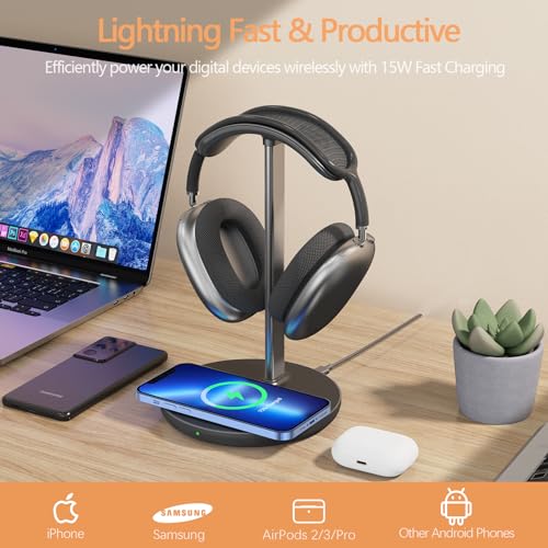 Headphone Stand with Wireless Charger, Gaming Headset Holder Hanger Rack 2 IN 1 Wireless Charging Station Dock for iPhone 15/14/13/12/11 Series, Samsung, AirPods Pro/3/2 and Desk All Headphones, Black - color: A-Black