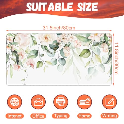 Desk Mat, Watercolor Pink Flowers Desk Pad, Green Leaves Flowers Large Gaming Mouse Pad for Desk, 31.5"x15.7" Extended Big Computer Keyboard Mouse Pad with Non-Slip Base and Stitched Edge - color: Watercolor Pink Flowers