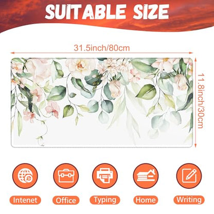 Desk Mat, Watercolor Pink Flowers Desk Pad, Green Leaves Flowers Large Gaming Mouse Pad for Desk, 31.5"x15.7" Extended Big Computer Keyboard Mouse Pad with Non-Slip Base and Stitched Edge - color: Watercolor Pink Flowers