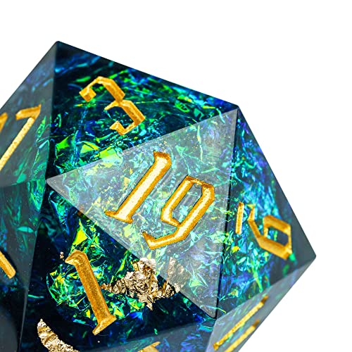 Cusdie Single D20 DND Dice with Sharp Edges and Glitter Foil Inclusions, 20 Sided D&D Dice, 33mm Handcrafted Polyhedral Dice, for Role Playing Game (Blue) - color: Blue