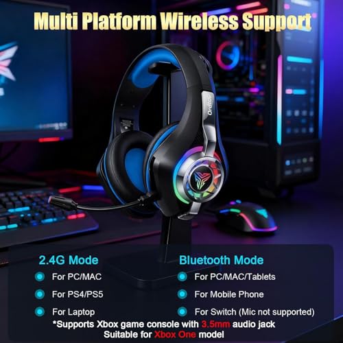 2.4GHz Wireless Gaming Headsets for PS5/PS4/Switch, New RGB Bluetooth 5.4 Noise Cancelling Gaming Headphones with 7.1 Surround Sound, 40mm Drivers, 276g Ultraligero, Memory Foam, 40Hrs Audífonos Gamer - color: Silver-black