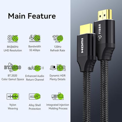 FIBBR 8K HDMI 2.1 Cable 6ft/2m, 48Gbps High Speed HDMI Cord, Support 8K@60Hz 4K@120Hz 2K@240Hz eARC 3D Dynamic HDR 12Bit for PS4/PS5 Laptop Xbox Series Standard HDMI Port - size: 6FT