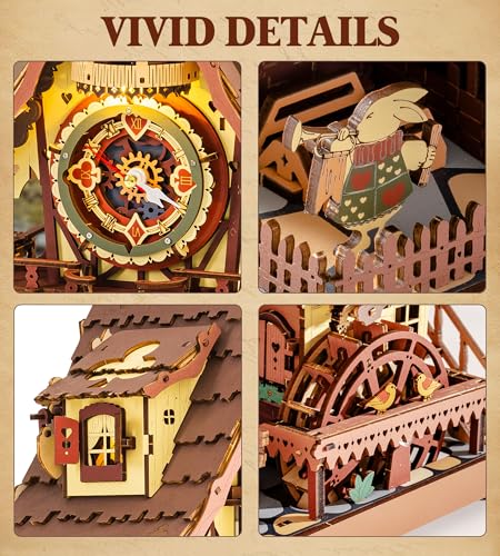 ROKR Cuckoo Clock 3D Wooden Puzzle with LED Light & Hourly Chime for Adults | DIY Wooden Clock Model Building Set, Unique Gift for Women Men