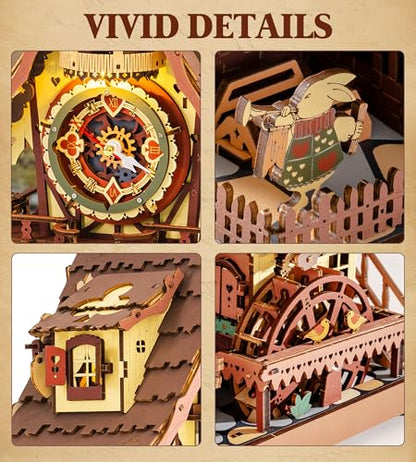 ROKR Cuckoo Clock 3D Wooden Puzzle with LED Light & Hourly Chime for Adults | DIY Wooden Clock Model Building Set, Unique Gift for Women Men