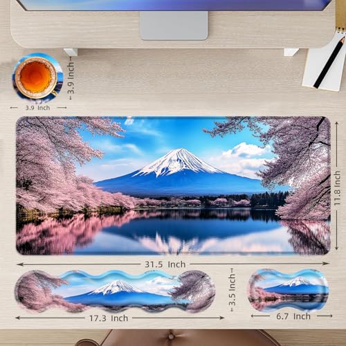 Large Mouse Pad and Keyboard Wrist Rest, Desk Pad for Keyboard and Mouse, 4-in-1 Large Gaming Mouse Pad with Wrist Support, Desk Mat for Home Office Study Game,Cherry Blossoms in The Lake - color: Cherry Blossoms in the Lake