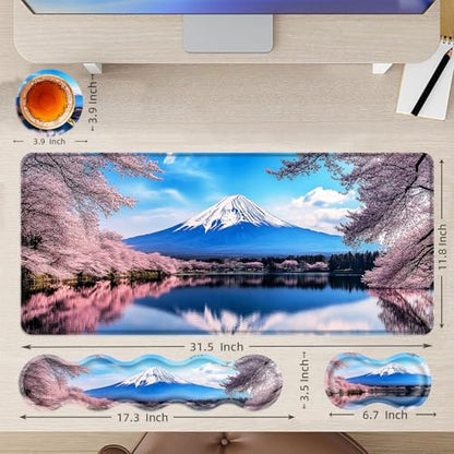 Large Mouse Pad and Keyboard Wrist Rest, Desk Pad for Keyboard and Mouse, 4-in-1 Large Gaming Mouse Pad with Wrist Support, Desk Mat for Home Office Study Game,Cherry Blossoms in The Lake - color: Cherry Blossoms in the Lake