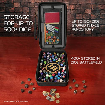 ENHANCE Tabletop Community DnD Dice Case and Rolling Tray - Holder and Storage for up to 500 RPG Dice with Rugged Protective Design, Soft Interior, and Organizer Pockets (500 Capacity)