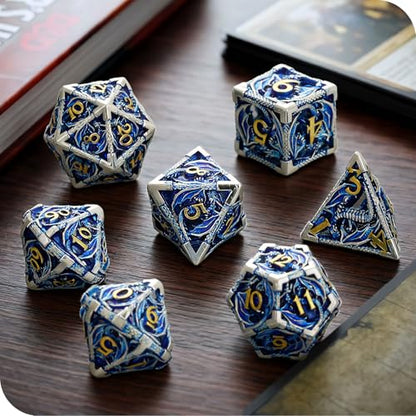 MoKo Dragon Hollow Metal DND Dice Set, Blue+Gold | 7 Pcs Polyhedral, D20 D12 D10 D8 D6 D4, For Dungeons and Dragons RPG Games, With Gift Box - color: 4 - Blue+gold