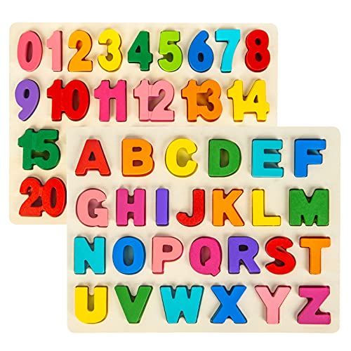 Attmu Wooden Puzzles for Toddlers, 2 Pcs Alphabet ABC Shape Number Puzzle | Learning Toys for Kids Preschool Educational Activities Toddler Gift Toys for Girls Boys Christmas Valentines Easter - size: 2 Pcs