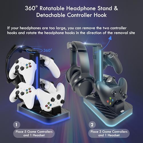 Controller Charger with Headphone Stand for Xbox Series X|S/Elite 2/One/One X/One S/One Elite, RGB Controller Charging Station Dock for Xbox, Headset and Controllers Holder Stand, 3 USB Ports - size: Charger with Holder for Xbox