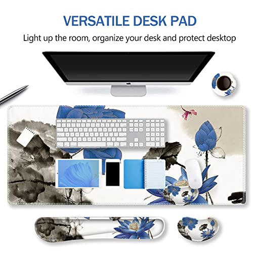ARTSO Extended Gaming Mouse Pad Set, Keyboard Wrist Rest Support Pad + Wrist Cushion + XXL Large Mouse Pad + Coaster, Stitched Edge, Non-Slip, Memory Foam Desk Mat, Blue Lotus Ink Painting - color: Blue Lotus Ink Painting
