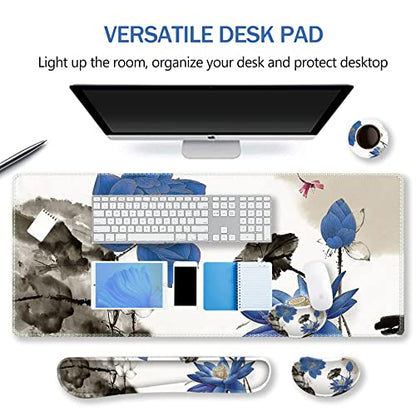 ARTSO Extended Gaming Mouse Pad Set, Keyboard Wrist Rest Support Pad + Wrist Cushion + XXL Large Mouse Pad + Coaster, Stitched Edge, Non-Slip, Memory Foam Desk Mat, Blue Lotus Ink Painting - color: Blue Lotus Ink Painting