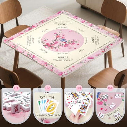 DEVPNR Mahjong Mat for Table with Black Carrying Bag, 32.6"x32.6", Pink | Non-Slip Table Cover, Noise-Reducing, with Rules, Easy Storage, for American Mahjong, Poker, Card & Board Games - color: Pink
