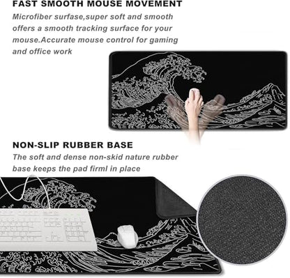 Large Gaming Mouse Pad, XXL Extended Keyboard Mouse Mat with Stitched Edges | 31.5" x 15.7" Non-Slip Waterproof Rubber Base Long Mousepad for Work, Game, Office, Home, Waves Line - color: Waves Line