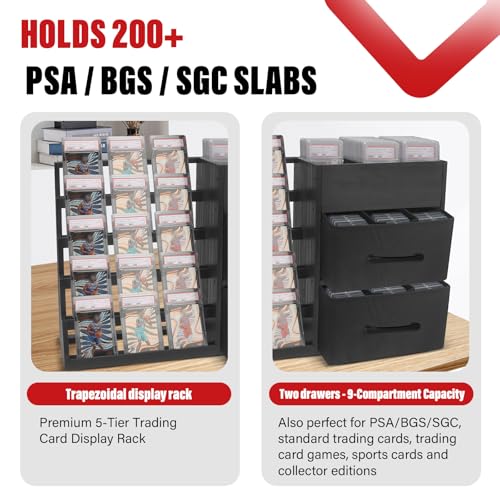 5-Tier Trading Card Display Stand,Large Card Display Case with 2 Drawers & 9 Compartments,Wooden Graded Sports Card Display Holds 200+ PSA/BGS/SGC Slabs to Showcase and Protect Your Collection - size: 24*6.7*16.1in