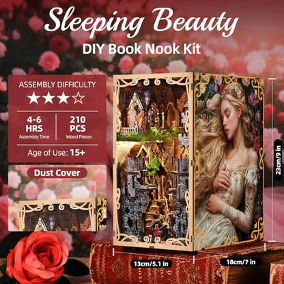 MiniCity Sleeping Beauty Book Nook Kit, DIY 3D Wooden Scene Puzzle with LED | 210-piece DIY book nook with LED and dust cover; glue/tools and guide included; 6-8 hr build for home decor, ages 14+. - style: Sleeping Beauty