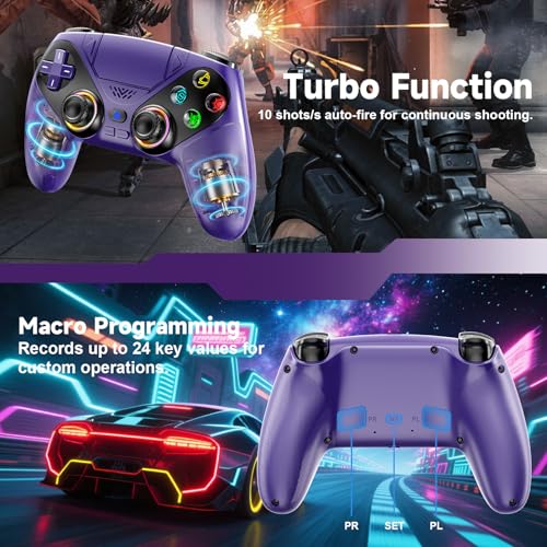 Gamrombo LED Wireless Controller for PS5, Compatible with PS5 Pro/Slim/PC, Dual Vibration, Macro/Turbo Function, 3.5mm Audio Jack, 6-Axis Motion Contro Gamepad with Speaker(Amethyst) - color: Amethyst