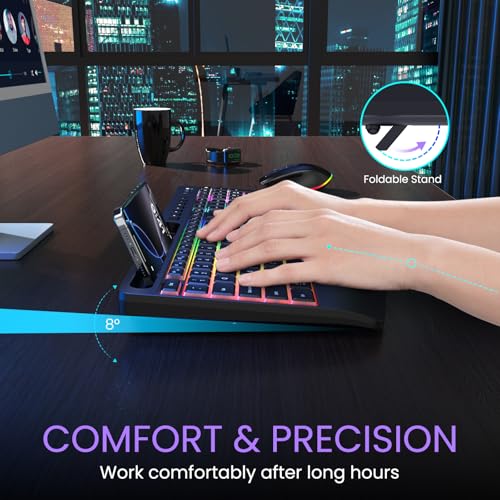 Wireless Keyboard and Mouse Combo- VEILZOR 2.4G Rechargeable Keyboard with Phone Holder, Ergonomic Wrist Rest, 9 RGB Backlit Effects, Silent Keyboard Mouse Set for Windows, Laptop, PC - color: Black