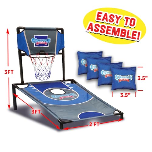 Sports Basketball Net Cornhole Board Set, Basketball & Cornhole in One, Includes 8 Red/Blue Bean Bags, Convenient Carrying Case, Tailgating Fun