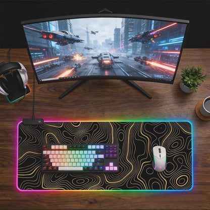 RGB Mouse Pad LED Desk Mat Large Gaming Mousepad Black and Gold Line Design, Keyboard Pad XL Mouse Mat for Home and Office (Black with Gold Topographic Line) - color: Black With Gold Topographic Line