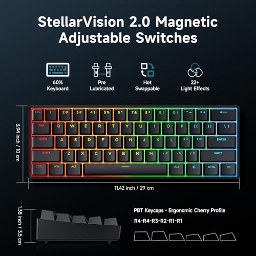 MCHOSE Ace 60 PRO Gaming Keyboard 60 Percent, Hall Effect Keyboard Wired, Magnetic Switch Keyboards Rapid Trigger, 8K Polling Rate, Adjustable Actuation Point, RGB Lighting, HotSwap, Black - color: 60Pro-Black TTC Uranus Switch