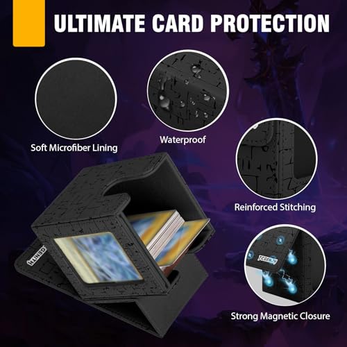 MTG Commander Deck Box with Display Window, Magnetic Closure Card Case Holds 100+ Double-Sleeved Cards, PU Leather TCG Storage Box Compatible with PTCG, Sports & Trading Cards（Black - color: Black