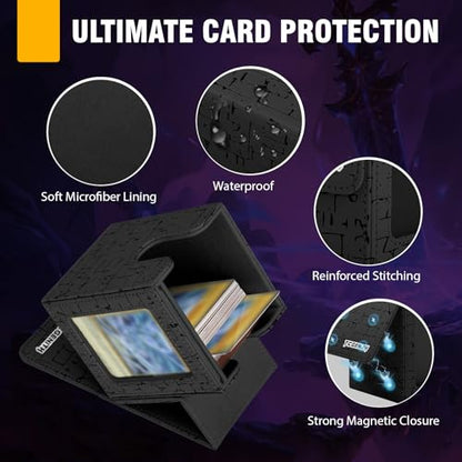 MTG Commander Deck Box with Display Window, Magnetic Closure Card Case Holds 100+ Double-Sleeved Cards, PU Leather TCG Storage Box Compatible with PTCG, Sports & Trading Cards（Black - color: Black